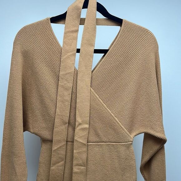Tan V-Neck Dress with Tie Detail - Picture 3 of 8